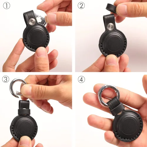 Miniatura 2 de Llavero de Cuero Genuino Compatible con Airtag, Soporte Seguro para Llavero de Air Tag, Funda de Cubierta de Anillo de Llavero de Accesorios - Negro