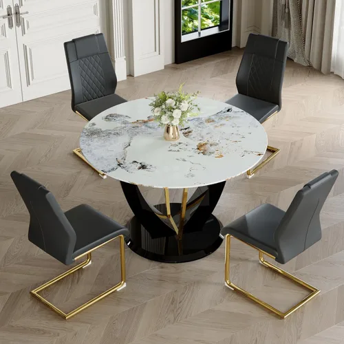 Miniatura 53 de Juego de mesa de comedor redonda para 4, mesa moderna de 48" con tapa de mármol sintético falso y pedestal brillante negro, juego de mesa de cocina