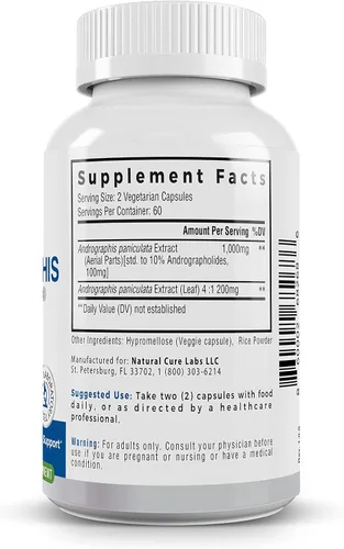 Miniatura 9 de Natural Cure Labs Extracto premium de Andrographis Paniculata 1,200 mg - 100 mg de andrografólidos estandarizados - Cápsulas veganas de apoyo