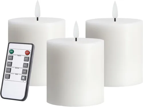 Miniatura 8 de volnyus Juego de 3 velas sin llama (3 x 3 pulgadas) parpadeantes LED de cera real, funcionan con pilas con temporizadores de control remoto