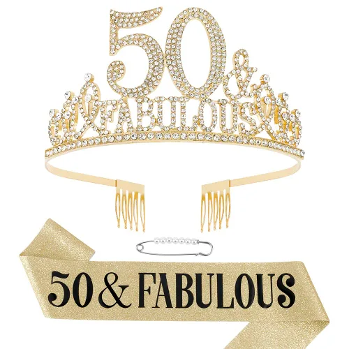 Decoraciones de cumpleaños número 50: banda, coronas, tiara y regalos para mujeres fabulosas, decoración de fiesta