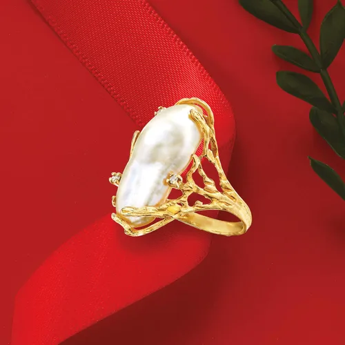 Miniatura 6 de Ross-Simons Anillo de perlas barrocas cultivadas de 0394 x 0945in con detalles de diamantes en oro amarillo de 14 quilates Perla multi