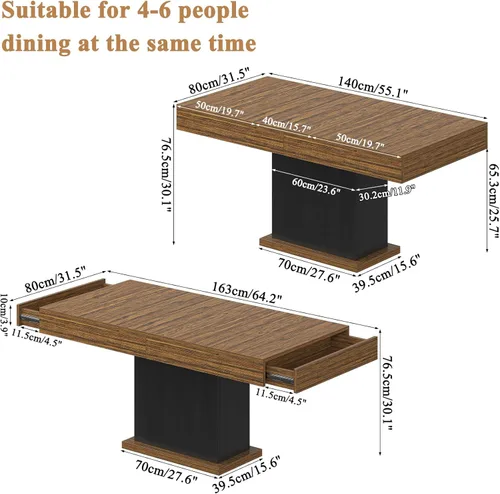 Miniatura 2 de Mesa de comedor con cajones para 4-6 personas, mesa de comedor de 55 pulgadas con luces LED, base de pedestal de madera, mesa de cocina rectangular