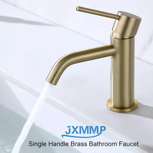 Miniatura 6 de Grifo de baño de oro cepillado, grifo de fregadero de latón de una sola manija para baño con un solo orificio con montaje de drenaje de fregadero