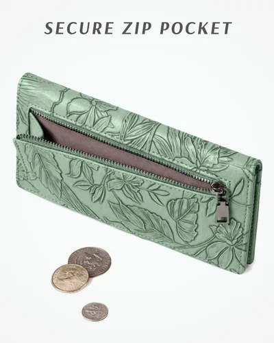Miniatura 4 de Unilily Cartera delgada para mujer, con bloqueo RFID, de piel vegana, plegable, tarjetero con 2 ventanas de identificación y bolsillo con Verde