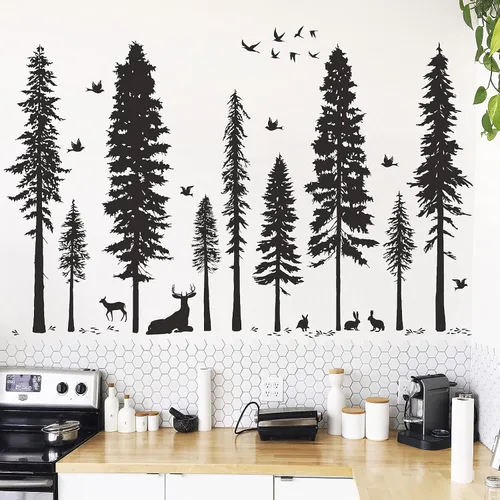 Miniatura 10 de Vinilo adhesivo de pared de pino, 9 árboles, ciervos, pájaros, conejos, bosques y naturaleza, removible de vinilo negro de alta calidad para niños
