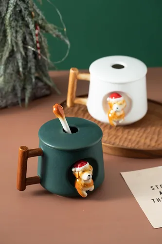 Miniatura 5 de DIHOclub Taza de café de cerámica con tapa y cuchara a juego, taza con patrón 3D Golden Retriever para té, leche y chocolate, bonita taza
