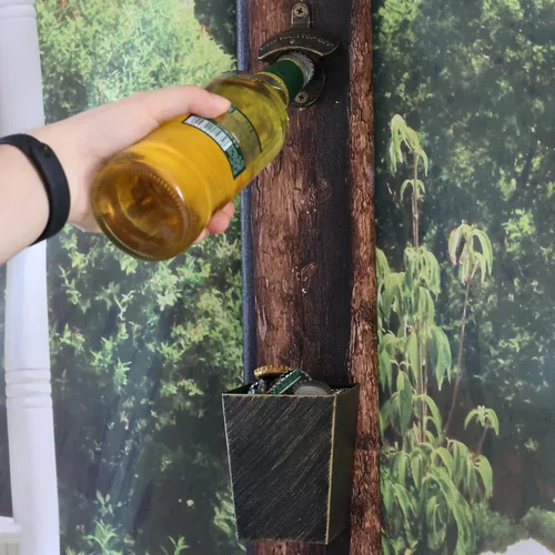 Miniatura 3 de Abrebotellas de montaje en pared vintage con colector de tapa inoxidable, abrebotellas de cerveza de estilo antiguo montado en poste y cubo de tapa