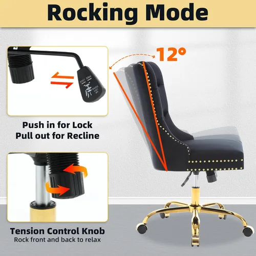 Miniatura 5 de Silla de escritorio de terciopelo con ruedas, silla de oficina dorada, silla giratoria sin brazos con ribete de remache de respaldo alto, cómoda