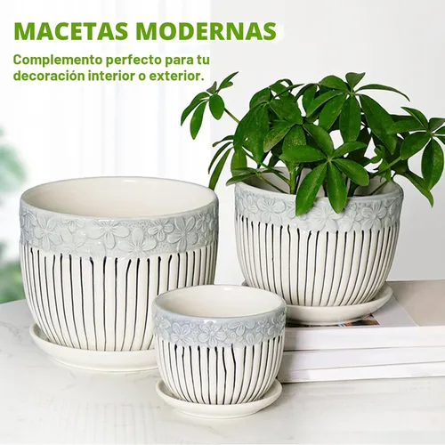 Miniatura 4 de Hlukana Juego de 3 macetas de cerámica de 6.75/5.6/4.2 pulgadas con agujeros de drenaje y platillo, maceta para exteriores e interiores, macetas