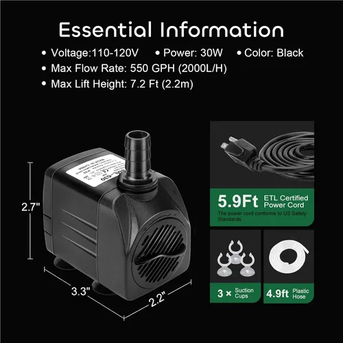 Miniatura 5 de GROWNEER Bomba sumergible de 550 GPH Bomba de agua ultra silenciosa de 30 W, 2000 L/H, con elevación de 7.2 pies de alto, 3 boquillas, tubo de 4.9