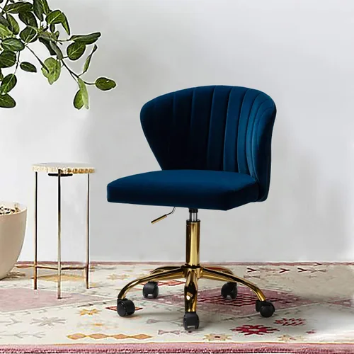 Miniatura 7 de TINA'S HOME Sillas de escritorio de oficina con ruedas y base dorada, moderna silla de oficina sin brazos de terciopelo linda, silla giratoria Azul