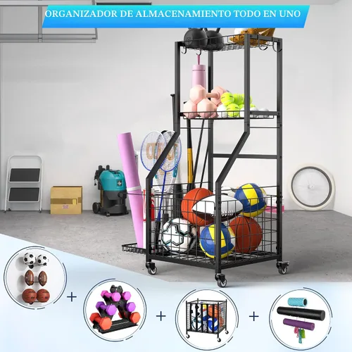 Miniatura 2 de Organizador de garaje para equipos deportivos, estante de almacenamiento de pelotas de garaje para deportes con ruedas, organizador deportivo