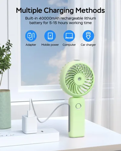 Miniatura 4 de Ventilador de nebulización portátil de mano, recargable por USB, plegable con tanque de agua, 3 velocidades, para viajes y exteriores (matcha)