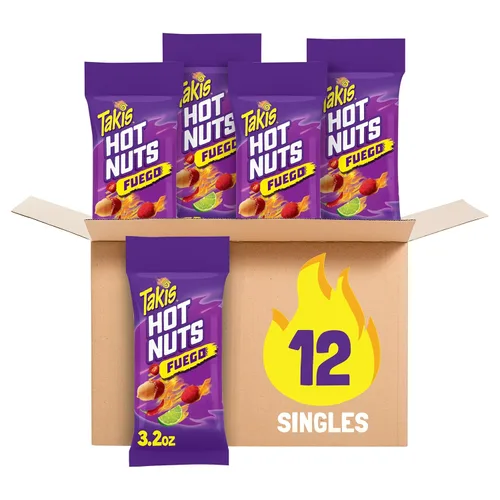 Takis Fuego Hot Nuts - Caja de 12 unidades / 3.2 onzas, sabor a chile picante y lima, cacahuetes extremadamente picantes dobles