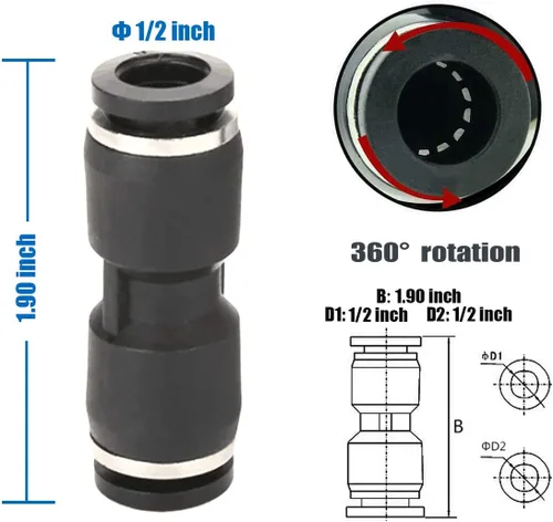 Miniatura 3 de 10 piezas neumáticas de empuje para conectar accesorios, unión de plástico PBT recto 1/2 "x 1/2" tubo OD conector rápido para el hogar compresor