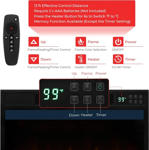Miniatura 4 de Tangkula - Inserto eléctrico de chimenea de cuarzo infrarrojo de 23 pulgadas con control remoto, calentador de chimenea empotrado de 1500 W
