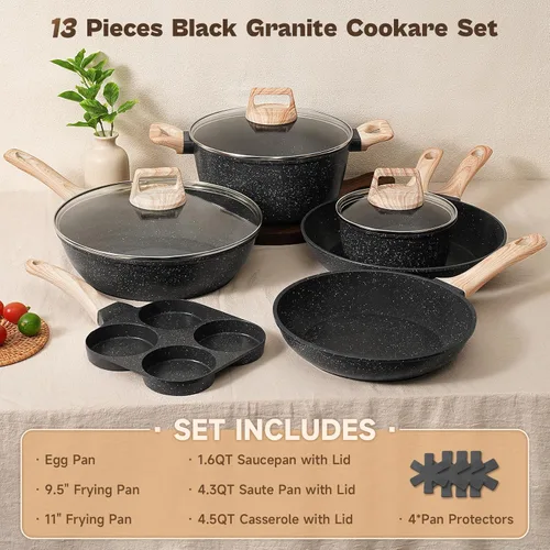 Miniatura 2 de Juego de 13 piezas de ollas y sartenes, juego de utensilios de cocina antiadherentes de granito negro de inducción, juego de cocina antiadherente