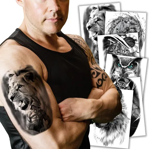 Kotbs 6 hojas de tatuajes temporales de animales en 3D para mujeres y hombres, tatuajes realistas impermeables falsos con patrón de lobo y león,