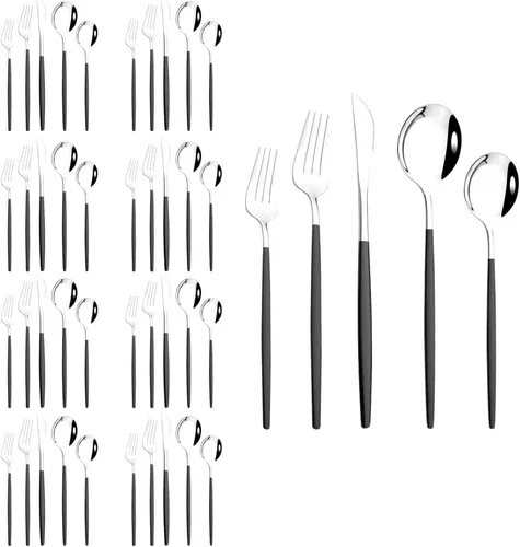 Miniatura 8 de JASHII Juego de cubiertos de 40 piezas, acero inoxidable, para el hogar, cocina, hotel, restaurante, básicos, para 8, pulido espejo, negro brillante