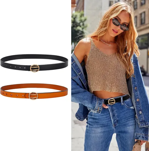 Miniatura 92 de Cinturón de cuero clásico con hebilla de metal para mujer con vestido de jeans