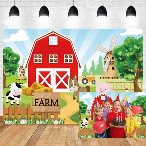 Fondo de dibujos animados de 5 x 3 pies, diseño de granja de animales de casa roja, molino de viento, zoológico, lindo cerdo, vaca, animal, fondo