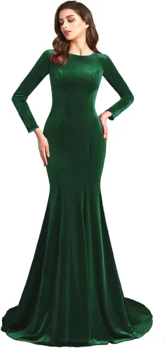 Joya Cuello Terciopelo Manga Larga Vestidos de baile de Noche Vestidos de Fiesta de Tren Corte de Sirena Vestidos de Fiesta Formal Cremallera Atrás