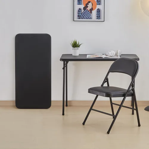 Miniatura 5 de KAIHAOWIN Mesa plegable de metal, pequeño escritorio plegable con parte superior de vinilo, patas de acero con recubrimiento en polvo, mesa portátil