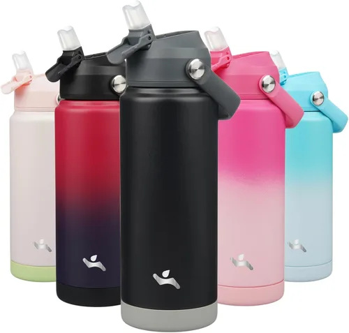 Miniatura 48 de Konokyo Botella de agua aislada con tapa de pajilla, botella de metal al vacío de acero inoxidable de 18 onzas con mango de silicona, color negro