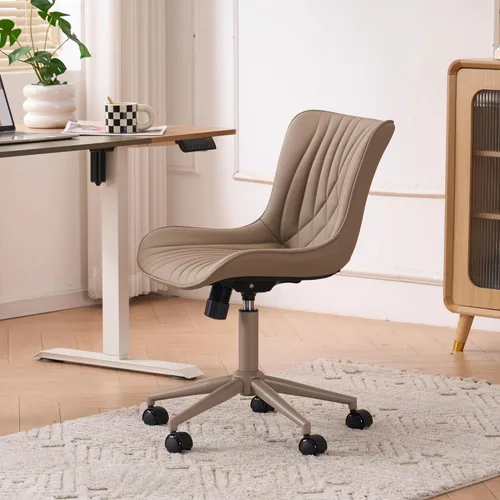 Miniatura 4 de YOUTASTE Silla de oficina color caqui, moderna silla de escritorio sin brazos con respaldo, silla giratoria ajustable de piel sintética con ruedas