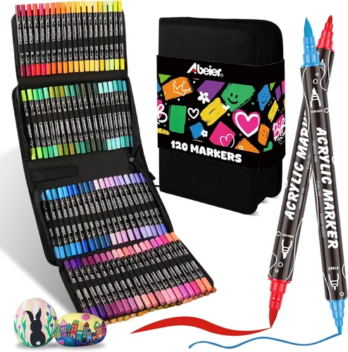 ABEIER Marcadores de pintura acrílica de doble punta para adultos, 120 colores vibrantes con pincel y punta fina, marcadores de pintura acrílica de