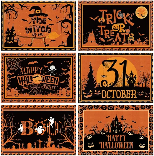 Umigy 6 manteles individuales de Halloween de 12 x 18 pulgadas, manteles individuales góticos de murciélago para decoración de cocina, manteles