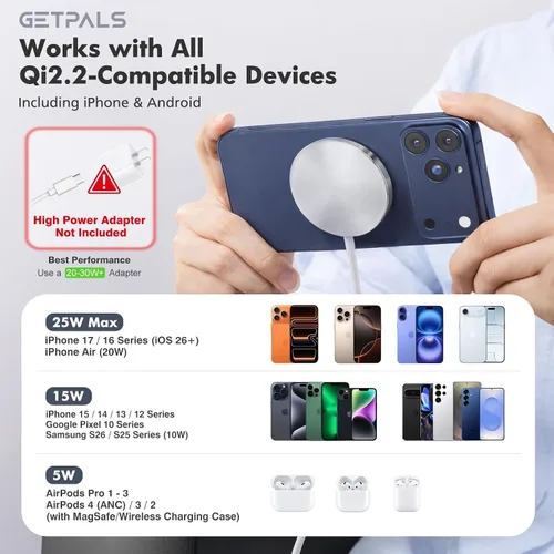 Miniatura 3 de Cargador inalámbrico magnético de 25 W: almohadilla de carga plana para iPhone 17, 16, 15, 14, 13, 12 Pro Max, Google Pixel, AirPods-Slim portátil