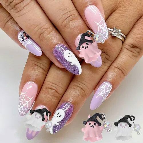 Miniatura 3 de 10 dijes de uñas de Halloween, diseño de calavera de fantasma, corazón con gemas de uñas, divertidos diamantes de imitación de uñas de Halloween