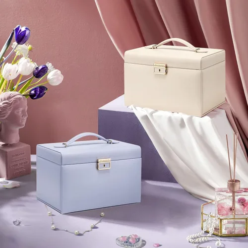 Miniatura 7 de Vlando Caja organizadora de joyas de terciopelo para mujer caja grande de almacenamiento de joyas de cuero con cerradura espejo 3 cajones para reloj