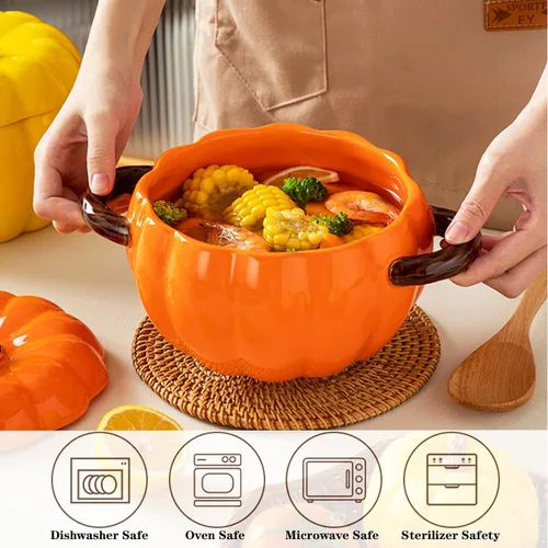 Miniatura 9 de Olla holandesa con tapa, cacerola de postre de cerámica de calabaza, mini fuente para hornear, lindo cuenco de calabaza, olla holandesa de cerámica