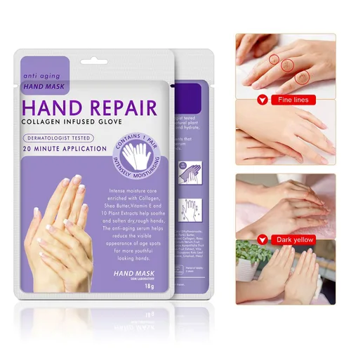 Miniatura 4 de 4 paquetes de guantes hidratantes para manos, máscara de spa para manos con colágeno, suero + vitaminas + extractos naturales de plantas para manos