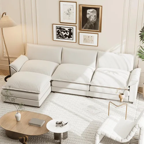 Miniatura 11 de Shahoo Sofá modular modular en forma de L de tela de felpilla con esponjas suaves y de alto apoyo y otomana extraíble, cómodo mueble tapizado