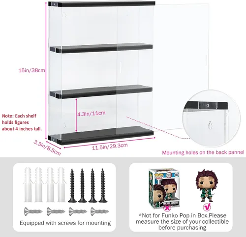 Miniatura 2 de vitrina acrílica de 3 capas, caja de exhibición montada en la pared con puerta, escaparate de minifigura transparente para encimera, para Negro