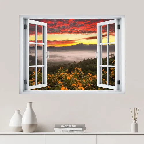 Miniatura 14 de SIGNWIN Adhesivo de pared removible/Mural de pared Vista de ventana Cordillera nublada Bosque Naturaleza Vida silvestre Fotografía Realismo Paisaje