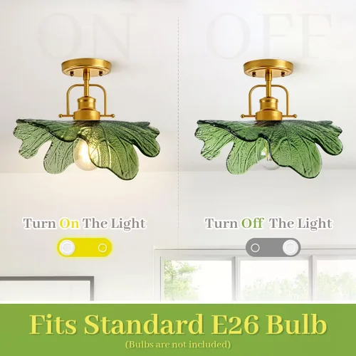 Miniatura 3 de Paquete de 2 lámparas de techo de cristal verde vintage, lámpara de techo semiempotrada, lámparas doradas para cerca del techo con pantalla