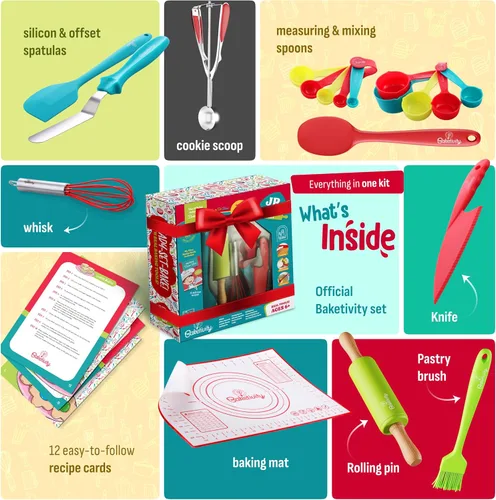 Miniatura 3 de Baketivity Juego de 31 herramientas para hornear para niños, utensilios de cocina reales para niños, accesorios de cocina seguros, duraderos y Set
