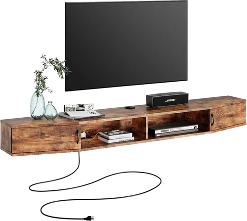 WAMPAT Estante flotante de TV de 70 pulgadas con estación de carga, soporte de TV montado en la pared, soporte de consola multimedia con gabinete de