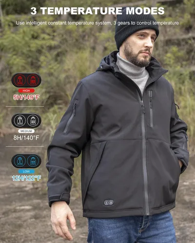 Miniatura 3 de azamine Chaqueta térmica para hombre con batería de 16000 mAh, abrigo térmico suave resistente al viento con capucha desmontable