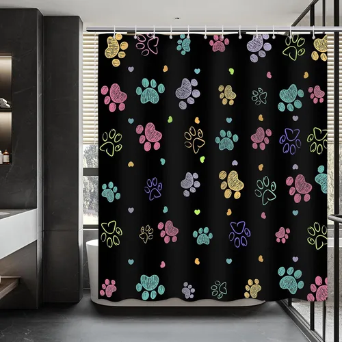 Miniatura 9 de Cortina de ducha con estampado de patas, perro y gato, decoración divertida de baño para niños, tela impermeable con ganchos