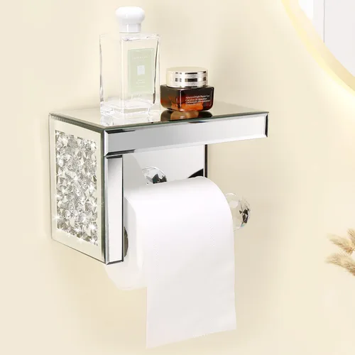 TACIDON Soporte de papel higiénico de diamante Crystal Crush con estante espejado. Soporte moderno de papel higiénico de plata montado en la pared,
