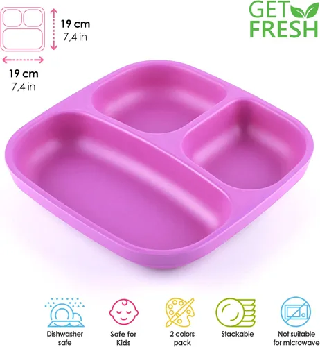 Miniatura 2 de GET FRESH Bamboo Kids - Juego de 2 platos divididos con 3 compartimentos para comidas infantiles, vajilla reutilizable