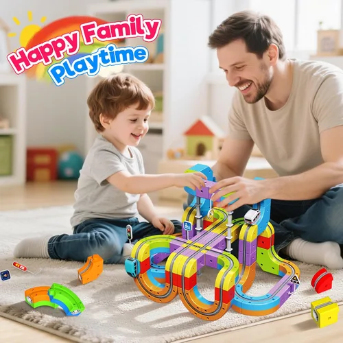 Miniatura 4 de Juego de tren eléctrico para niños, 110 piezas de pista de carreras 3D con tren eléctrico, señales de tráfico, juguetes de tren STEM, regalos