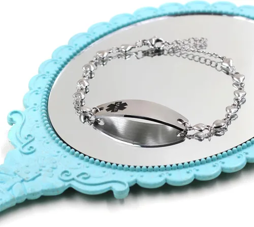 Miniatura 2 de Pulsera de símbolo médico de plata grabada con láser, alerta de salud grabada en forma de corazón, adecuada para primeros auxilios de emergencia