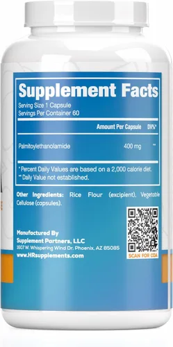 Miniatura 2 de Cápsulas de palmitoiletanolamida Guisante de 400 mg 60 pastillas Promueve la inflamación natural y el manejo del dolor Ingredientes probados